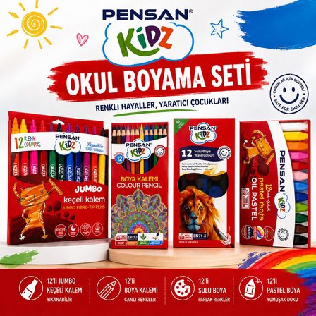 Pensan Kidz 4 lü Boyama Seti 12 Renk Keçeli Kalem Pastel Sulu Boya Kuru Boya Okul Seti