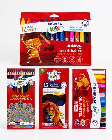Pensan Kidz 4 lü Boyama Seti 12 Renk Keçeli Kalem Pastel Sulu Boya Kuru Boya Okul Seti