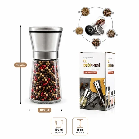 Seramik Öğütücülü 5 Kademeli Tuz ve Karabiber Değirmeni 180 ml Şeffaf Cam Hazne 13 cm 2'li Set