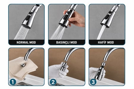 3 Modlu Yağmurlama Püskürtme Musluk Ucu 360° Döner Başlık Krom