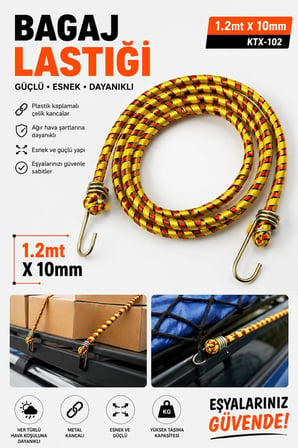 Bagaj Lastiği 1,2 Metre 10 mm Çelik Kancalı Esnek Yük Sabitleme Lastiği - Yeşil