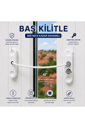 Çelik Halatlı Anahtarlı Pencere Emniyet Kilidi Çocuk Güvenlik Kilidi Beyaz