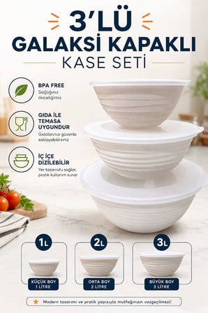 Galaksi Kapaklı Kase Seti 3 lü 1 Lt 2 Lt 3 Lt BPA Free
