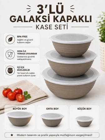 Galaksi Kapaklı Kase Seti 3 lü 1 Lt 2 Lt 3 Lt BPA Free