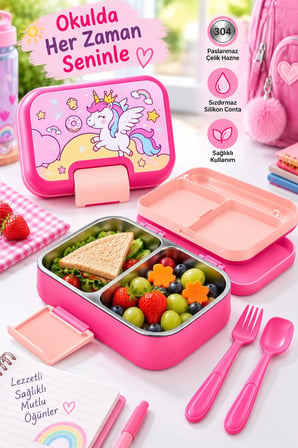 Titiz Happii 1030 ml Çelik Bölmeli Beslenme Kabı Sızdırmaz Silikon Contalı Çatal Kaşık Setli