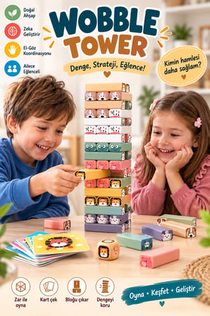 Topbright Wobble Tower Ahşap Denge Kulesi Hayvan Figürlü Eğitici Çocuk Oyunu Kartlı ve Zarlı