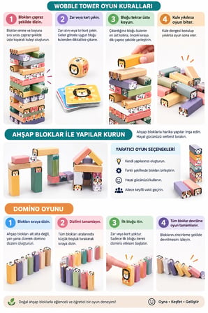 Topbright Wobble Tower Ahşap Denge Kulesi Hayvan Figürlü Eğitici Çocuk Oyunu Kartlı ve Zarlı