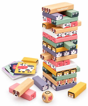 Topbright Wobble Tower Ahşap Denge Kulesi Hayvan Figürlü Eğitici Çocuk Oyunu Kartlı ve Zarlı