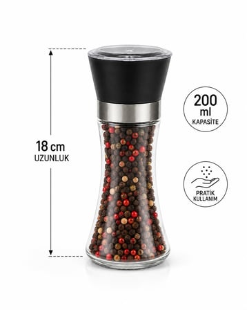 Seramik Öğütücülü 5 Kademe Ayarlı Cam Tuz Karabiber Değirmeni | Plastik Kapak | 200 ml Şeffaf 18 cm