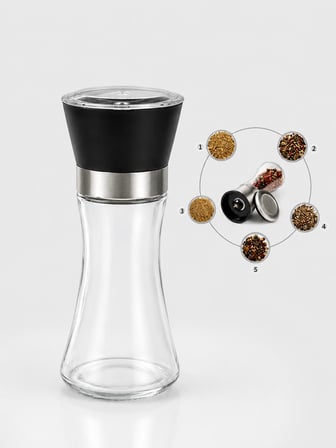Seramik Öğütücülü 5 Kademe Ayarlı Cam Tuz Karabiber Değirmeni | Plastik Kapak | 200 ml Şeffaf 18 cm