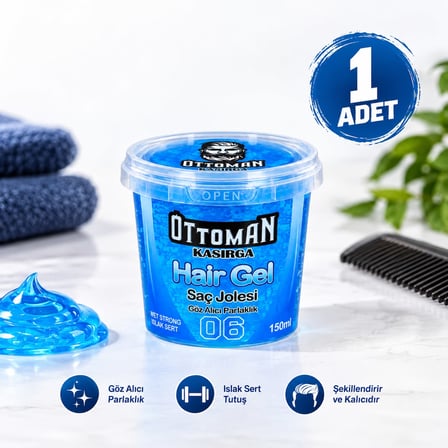 Ottoman Kasırga Hair Gel Islak Sert Saç Jölesi 150 ml Mavi Güçlü Tutuş Parlak Görünüm 1 Adet