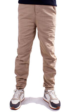 Twister Slim Jogger3-011 Bej Yüksek Bel Dar Paça Erkek Keten Pantolon