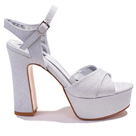 Dagoster DZA07-337350BB Gümüş Simli Tek Bant Platform Topuklu  Kadın Ayakkabı