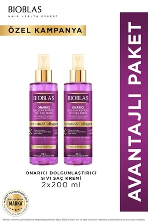 Keratin Kolajen Sıvı Saç Kremi 2 x 200 Ml - Onarıcı, Dolgunlaştırıcı, Kolay Tarama