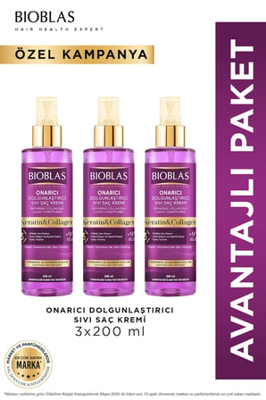 Keratin Kolajen Sıvı Saç Kremi 3 x 200 Ml - Onarıcı, Dolgunlaştırıcı, Kolay Tarama