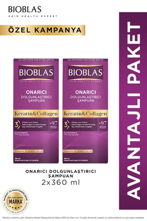 Keratin & Kolajen Onarıcı Dolgunlaştırıcı Saç Bakım Şampuanı 2 x 360 Ml İnce ve Yıpranmış Saçlar