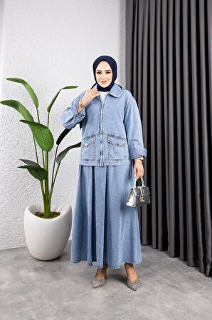 Kadın 2Li Takım Kot Ceket Ve Beli Lastikli Etek