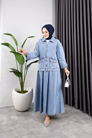 Kadın 2Li Takım Kot Ceket Ve Beli Lastikli Etek