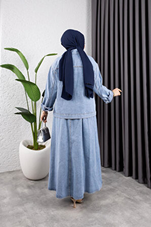 Kadın 2Li Takım Kot Ceket Ve Beli Lastikli Etek