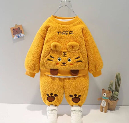 Kışlık Tatlı Peluş Alt Üst 2'li Takım Hardal | 12-18 AY