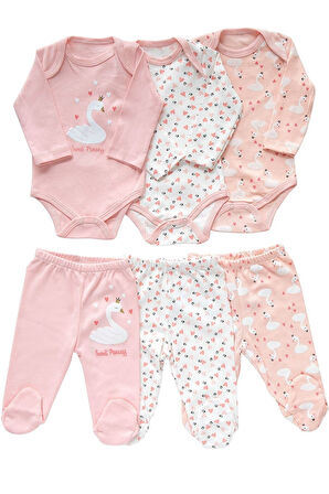 Kuğu Desenli 6'lı Bebek Alt Üst Takım Pembe | 0-3 AY