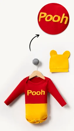 Pooh Görselli Şapkalı 2'li Bebek Badi Kırmızı | 9 - 12 Ay