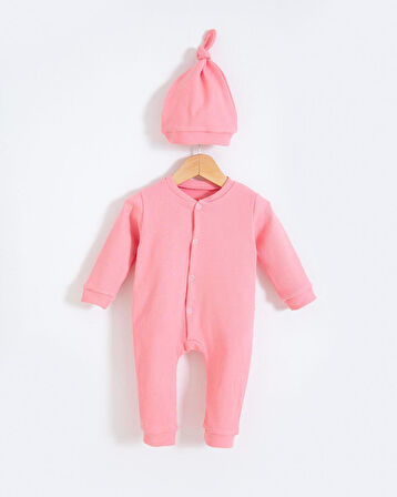 Tarz Şapkalı Fitilli Penye Bebek Tulum Pembe | 6-9 AY