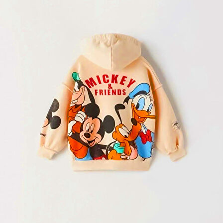 Mickey Mouse Görselli Kapüşonlu Bebek Çocuk Alt Üst Takım-Bej | 1 Yaş