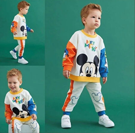 Mickey Mouse Görselli Kapüşonlu Bebek Çocuk Alt Üst Takım-Beyaz | 3 Yaş