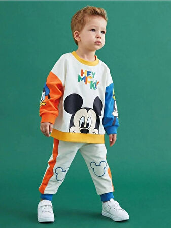 Mickey Mouse Görselli Kapüşonlu Bebek Çocuk Alt Üst Takım-Beyaz | 3 Yaş