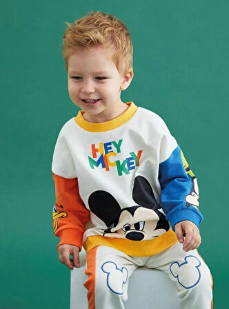 Mickey Mouse Görselli Kapüşonlu Bebek Çocuk Alt Üst Takım-Beyaz | 3 Yaş