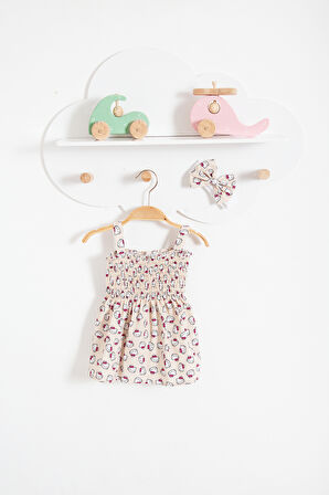 Hello Kitty Görselli Bandanalı Yazlık Bebek Elbise-Bej | 6-9 ay