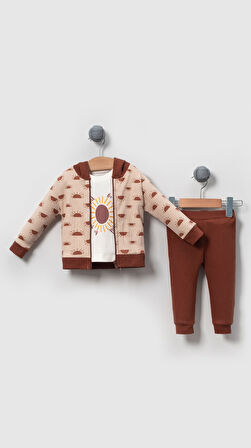 Güneş Desenli Pamuklu Bebek 3'lü Alt Üst Takım-Kahverengi | 12-18 ay