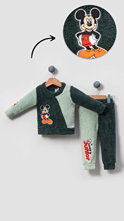 Mickey Mouse Görselli Kışlık Welsoft Bebek Çocuk Alt Üst Takım-Yeşil | 3 Yaş