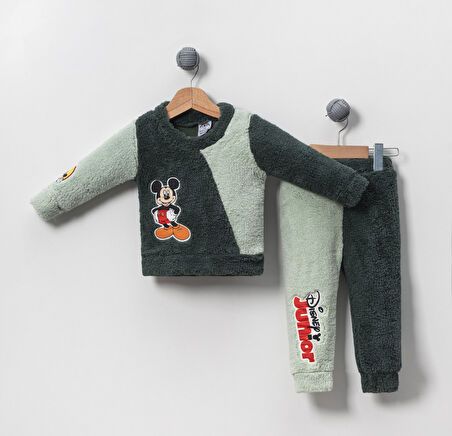 Mickey Mouse Görselli Kışlık Welsoft Bebek Çocuk Alt Üst Takım-Yeşil | 3 Yaş