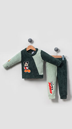 Mickey Mouse Görselli Kışlık Welsoft Bebek Çocuk Alt Üst Takım-Yeşil | 3 Yaş