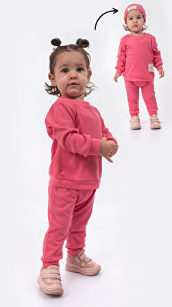 Şapkalı Arma Detaylı Fitilli 3'lü Alt Üst Takım Seti-Pembe | 6-9 ay