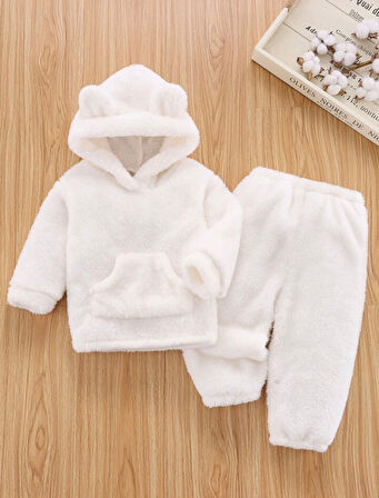 Unisex Peluş Çocuk Alt Üst Welsoft Takım-Beyaz | 1 Yaş