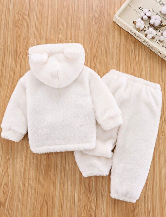 Unisex Peluş Çocuk Alt Üst Welsoft Takım-Beyaz | 4 Yaş