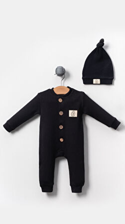 Unisex Tahta Düğme Görselli Şapkalı Şık Bebek Tulum-Mavi | 3-6 ay