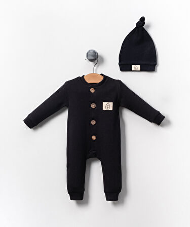 Unisex Tahta Düğme Görselli Şapkalı Şık Bebek Tulum-Mavi | 3-6 ay