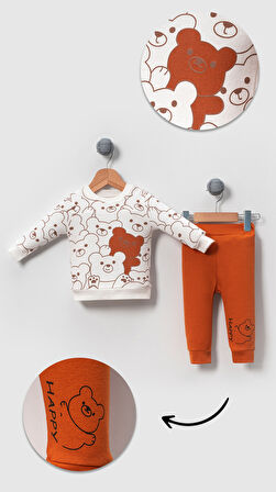 Happy Ayı Görselli Papyonlu Penye 2'li Alt Üst Takım-Tarçın | 2-3 Yaş