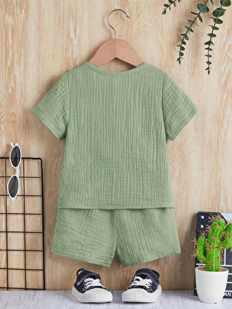 Unisex Bebek&Çocuk %100 Pamuklu Düğmeli Müslin Alt Üst Şort Takım-Yeşil | 3 Yaş
