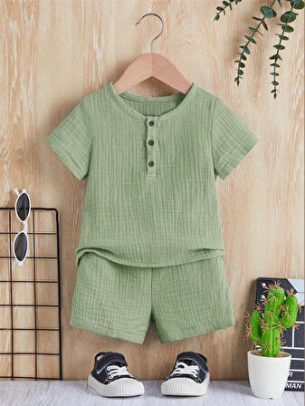 Unisex Bebek&Çocuk %100 Pamuklu Düğmeli Müslin Alt Üst Şort Takım-Yeşil | 4 YAŞ