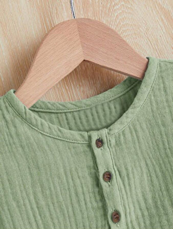 Unisex Bebek&Çocuk %100 Pamuklu Düğmeli Müslin Alt Üst Şort Takım-Yeşil | 4 YAŞ