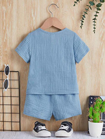 Unisex Bebek&Çocuk %100 Pamuklu Düğmeli Müslin Alt Üst Şort Takım-Mavi | 6-9 Ay