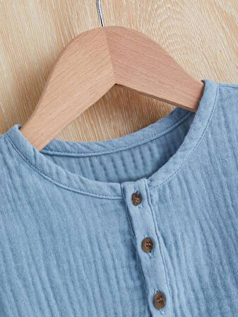 Unisex Bebek&Çocuk %100 Pamuklu Düğmeli Müslin Alt Üst Şort Takım-Mavi | 6-9 Ay