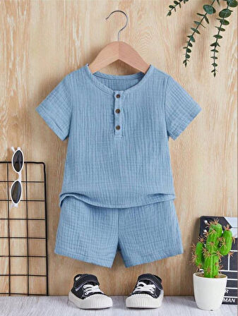 Unisex Bebek&Çocuk %100 Pamuklu Düğmeli Müslin Alt Üst Şort Takım-Mavi | 3 Yaş