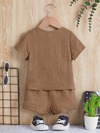 Unisex Bebek&Çocuk %100 Pamuklu Düğmeli Müslin Alt Üst Şort Takım-Kahverengi | 2 Yaş