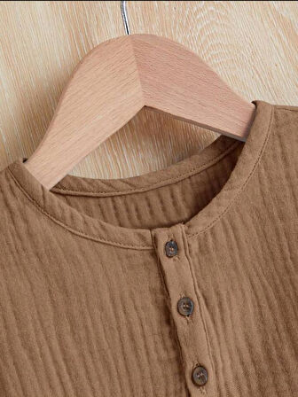 Unisex Bebek&Çocuk %100 Pamuklu Düğmeli Müslin Alt Üst Şort Takım-Kahverengi | 2 Yaş